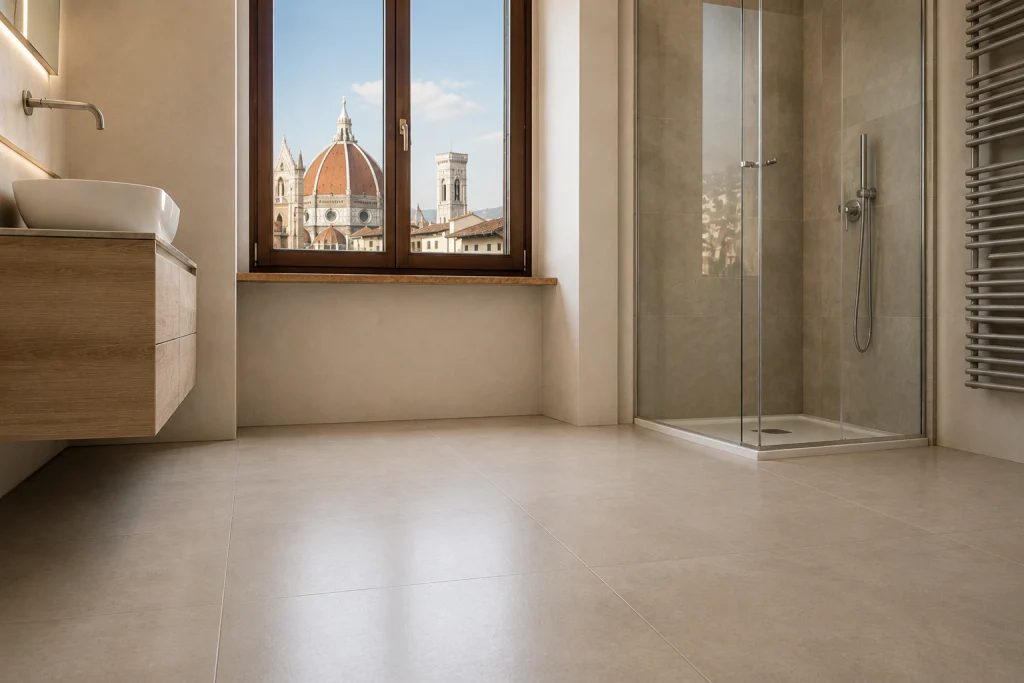 Interno di bagno moderno con pavimento in gres porcellanato, doccia in vetro e finiture eleganti illuminate da luce naturale.