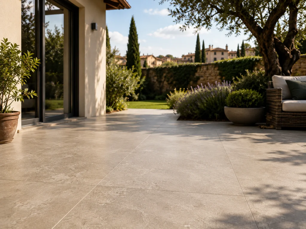 Pavimento esterno in gres porcellanato effetto pietra in elegante giardino moderno con terrazza e luce naturale.