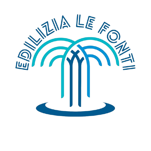 Logo con scritta Edilizia Le Fonti con fontana stilizzata blu e azzurra
